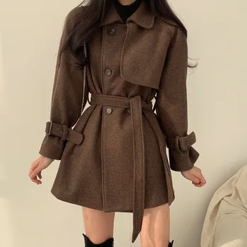 Ежедневното вълна палто в корейски стил за жени, реколта върхове с отложным яка средна дължина, Двубортная универсална дамски яке