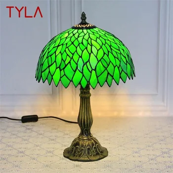Стъклена настолна лампа TYLA Тифани, led съвременен творчески настолна лампа със зелени листа за дома, хол, кабинет, прикроватного декор