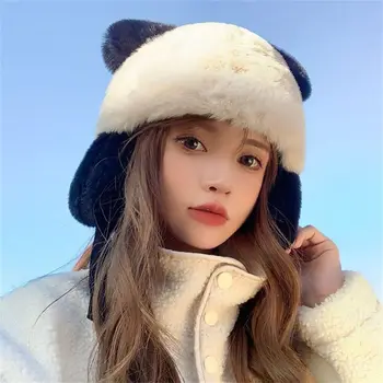 Хет-trapper от изкуствена кожа, Модерен Зимни топла шапка Лей Фън със сладък пандой, Плюшен ски шапка-ушанка за жени