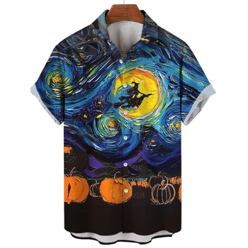Мъжки ризи за Хелоуин 2024, Ежедневни модерна риза с къс ръкав за мъже, Лятна Хавайска риза, Празнична Мъжки дрехи, Блузи, тениски