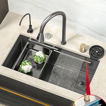 Черна мивка с водопад от неръждаема стомана 304, голяма мивка, ръчно изработени, кухненска мивка