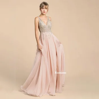 Секси Розова Вечерна рокля с V-образно деколте в Римски стил, расшитое пайети, Трапециевидные Рокли за специални случаи, Без ръкави, цип отзад, vestidos de gala