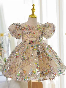 Рокля с цветя модел за момичета на сватба, Детски рожден Ден, Принцеса рокля за Първо Причастие, Тюлевое рокля с пайети и колан-лък, детски рокли за бала