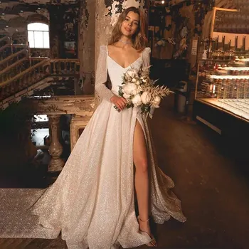Секси Сватбена рокля с висока цепка, Лъскави Сватбени рокли Трапецовидна форма, с дълъг ръкав, V-образно деколте, Панделка Цип За жени, Vestido De Noiva