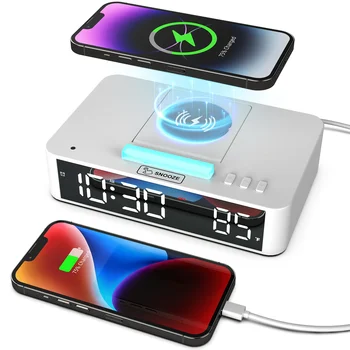 Led огледално Цифров с будилник, настолни, електронни часовници с разсеяна светлина, безжична зареждане капацитет от 10 Вата за смартфон Samsung