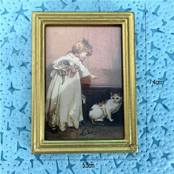 Миниатюрен куклена къща 1:12, художествена картина в рамка, Стенни картина, едно Момиче и една котка, рисувани с маслени бои, Аксесоари за дома