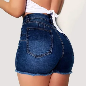Дамски скъсани дънкови панталони, Женски Сексуални скъсани стегнати дънкови шорти-участък с висока талия, къси панталони с окъсани дупки на бедрата, дънки Големи размери