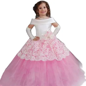 Нов Розово Цвете Момиче Рокли За Сватба Мъниста Облегалката Рожден Ден Вечерни Тюл Бална Рокля На Принцеса За Първо Причастие