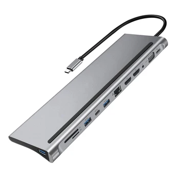 Адаптер hub Type-C с резолюция от 4K 12 портове USB 3.1 на двоен HDMI-съвместим сплитер за лаптоп