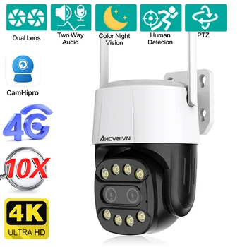 4G СИМ-карта 4K 8MP Двухобъективная PTZ IP камера за Сигурност Ai Автоматично Следене на Открито 10-Кратно Увеличение Wifi Безжична Камера за Видеонаблюдение P2P