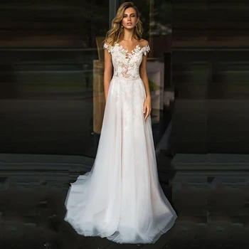 Сватбени рокли Muloong с аппликацией от тюл с открити рамене, Дантелени рокли Принцеса С Стреловидным Влак, Новост 2023 година за булката