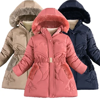 Зимно топло яке за момичета от 3 до 12 години с шарени пеперуди, Модни подвижна капачка на лигавицата с плюшено яка, плътно палто за деца