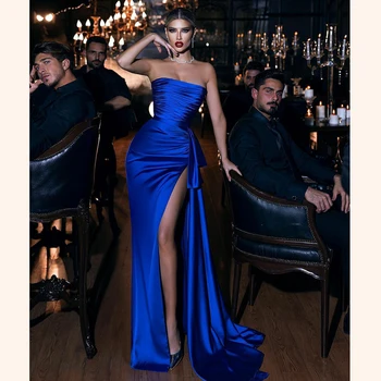 Кралско синя рокля за бала трапецовидна форма, красива рокля за бала, без презрамки, секси вечерна рокля с висока цепка, Robe de bal