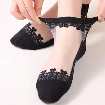 Дамски Дантелени чорапи до Глезена с цветен модел, Тънки Дишащи Прозрачни Летни Къси памучни чорапи с подметки