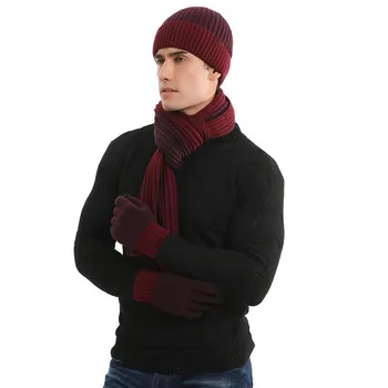 Комплект от 3 теми, мъжки и женски улични топли и издръжливи ръкавици за есента и зимата, яка и плюшен удебелена вълнена шапка