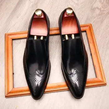 Мъжки Лоферы с остри пръсти, от естествена телешка кожа, черни, вино-червено мъжки модел обувки, Италиански Дизайнерски мъжки обувки за сватба, без съединителни ръчно изработени