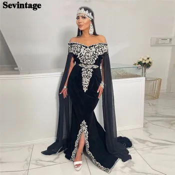 Sevintage Кадифени Вечерни рокли Арабската Русалка с открити рамене, С Разрезными апликации, С дълги ръкави-накидками, Рокли за абитуриентски бал, Алжирския Съоръжения