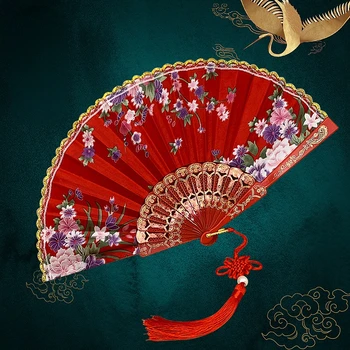 Фен от копринени тъкани със златен ръб, вентилатор за китайски традиционни танци, фен в китайски стил, сгъваема фен ръчно изработени, декоративни фен