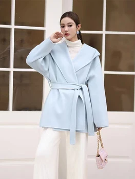 Синьо двустранно кашемировое палта за жени, корейската версия, безплатно, намаляване, с качулка, много ревера на бретелях, със средна дължина