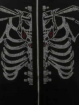 Дамски hoody Y2K джоб с шарките на скелета - hoody голям размер с качулка, дълъг ръкав и декорация от страз -