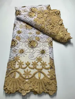 Африканска лейси плат 2023, Висококачествени модерни златисто-бяла бродерия с пайети, френски тюл, лейси плат, нигерийски сватбена рокля