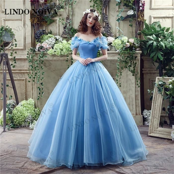LINDO NOIVA/Синя Дълга рокля с открити рамене, за Бала, Бална рокля от Органза за Cosplay Принцеса Пепеляшка от Новия филм на 2023 г.