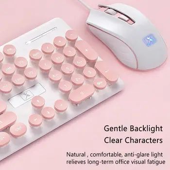 Преносима розова клавиатура и мишка в стил ретро, жичен детска клавиатура в стил steampunk с кръгла капачка за клавиши, Мултимедийни бутон на клавиатурата и мишката