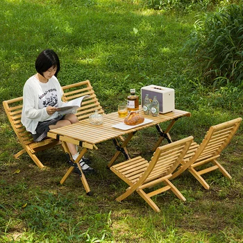 Маса за къмпинг, Бамбук сгъваема маса за съхранение, Маса за пикник, Удебелена градински мебели, устойчиви преносими маса