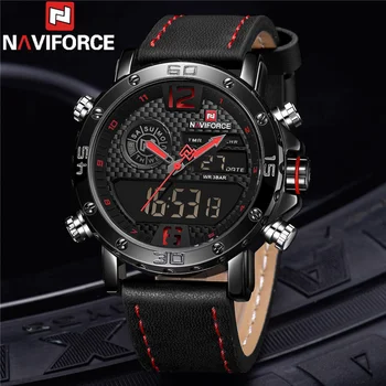 NAVIFORCE висок клас марка, луксозни мъжки часовник, кварцов с цифров мъжки часовник, военни, спортни водоустойчив мъжки часовник от естествена кожа 9134