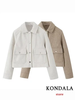 KONDALA Шик обикновена кафяви дамски къси якета, Мода 2023, Есенна Ежедневни градинска дрехи с дълъг ръкав, Така памучно дамско палто