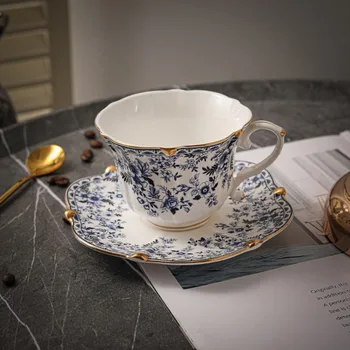 Реколта европейската бяло-синя утайка от чаша и чиния за следобеден чай, Керамично блюдо за дим-Самов, Десерт, чаша, Комплекти чаени чаши и блюдец, Чаша