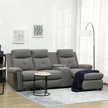 L-образен диван, Секционни с ръчно откидыванием, шезлонг-табуретка, Конзола за съхранение, поставки за чаши, USB зареждане, сив