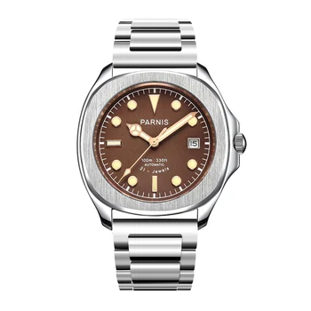 Модерен Мъжки часовник Parnis сребро корпус 40 мм, Автоматични механични часовници, Календар, Сапфирен кристал, Луксозни часовници за мъже reloj hombre