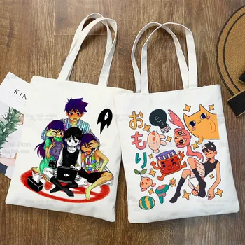 Дамски чанти Omori Game, Плат, платно, Аниме, Неутрална чанта-тоут оборудвани с Котка чат, Женски Еко-торбички за пазаруване за Еднократна употреба