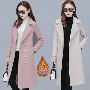 Есенно-зимно яке голям размер, женски двубортное однотонное палто, Корея Тънък дамски вълнена риза, дамски