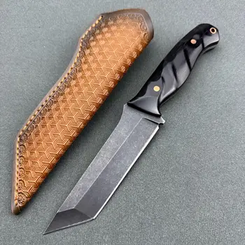 Нож Бауи от черна стомана 9CR18MOV 100% ръчна изработка, Фантастична Ръкохватка от черно дърво, Кожени сабя за лов на открито, в занаятчийски риболов, обезкостяване на костите и къмпинг
