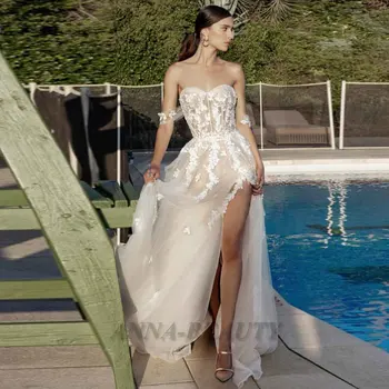 Сватбени рокли на Принцеса Анна Скъп За жени, Трапециевидные апликация с открити рамене, висок разрез, чрез шнурове, Шаферски рокли по поръчка