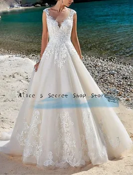 Луксозна сватбена рокля с аппликацией За жени, Трапециевидное сватбена рокля без ръкави с V-образно деколте, вечерна рокля на булката по поръчка