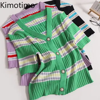 Kimotimo, Вязаный жилетка в контрастни райета, Дамски пуловер с V-образно деколте, Тънка Однобортный пуловер, Ежедневни Летни модни блузи с къс ръкав