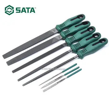 Комплект метални напильников SATA от 8 теми с плоски, полукруглыми, кръгли и квадратни напильниками с ергономичен дизайн зелени дръжки-09910