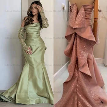 Рокли за бала Meramid от сатен в Саудовском стил за жени, Елегантна елегантна полуофициальное рокля без презрамки, с пискюли и влак, vestidos