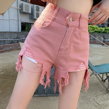 Дънкови къси панталони с перфорации, женски летните горещи панталони Оверсайз, Дамски дрехи, Розови къси панталони за жени, дънкови шорти с висока талия