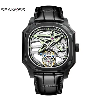 SEAKOSS Мъжки механични часовници с Турбийоном, квадратен часовник с ръчно от неръждаема Стомана, пънк-скелет, суперсветящиеся сапфировые часовници