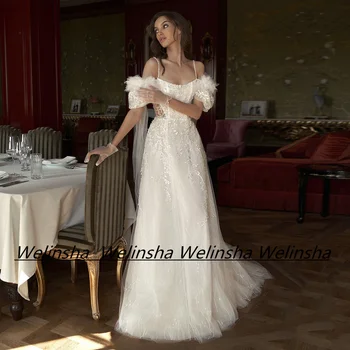 Сексуалното блестящо сватбена рокля с открити рамене, Прозрачна апликация във формата на цветя, мек тюл, Сватбената рокля трапецовидна форма за жени, булката