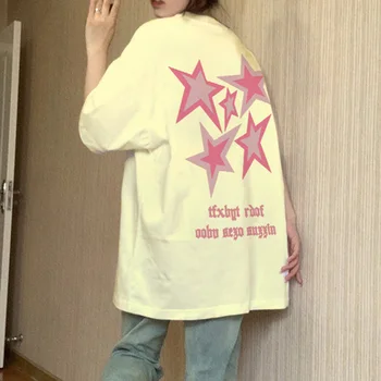 Дамска лятна тениска от чист памук, Реколта женска тениска с принтом звезди, готическата тениска с къс ръкав, ежедневни тениски оверсайз, върхове унисекс y2k